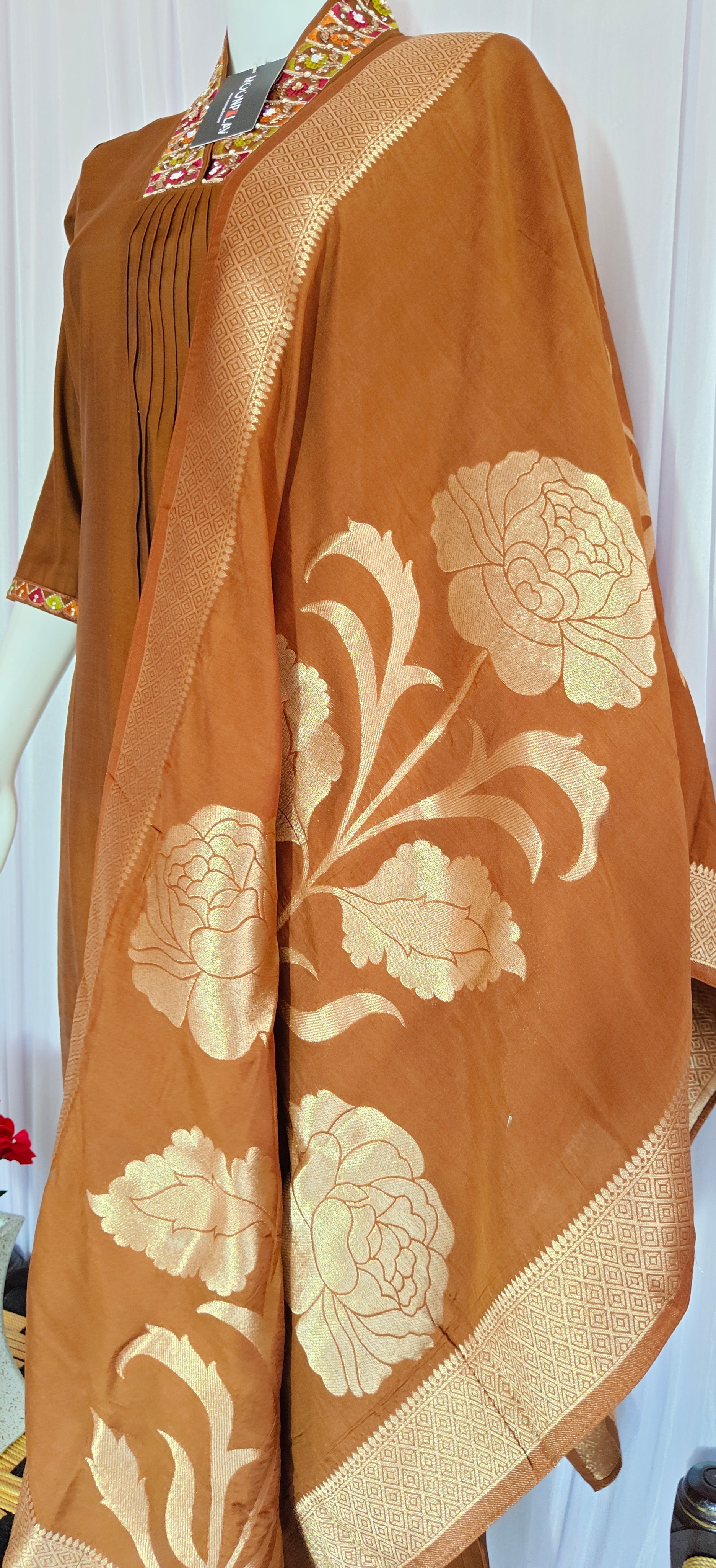 Moonpalav Earth Brown Mango Silk Handwork Suit Set for Weddings