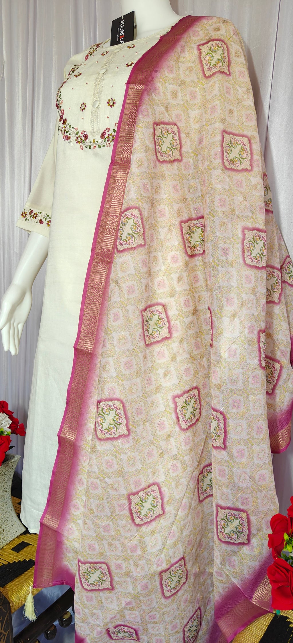 Moonpalav Pearl Cream Marina Silk Luxury Suit with Digital Print Dupatta