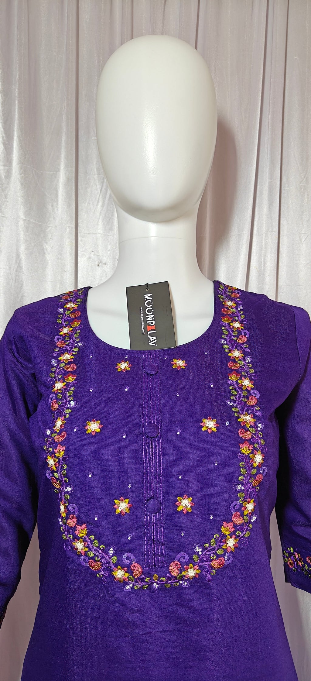 Moonpalav Deep Purple Marina Silk Embroidered Suit with Digital Print Dupatta