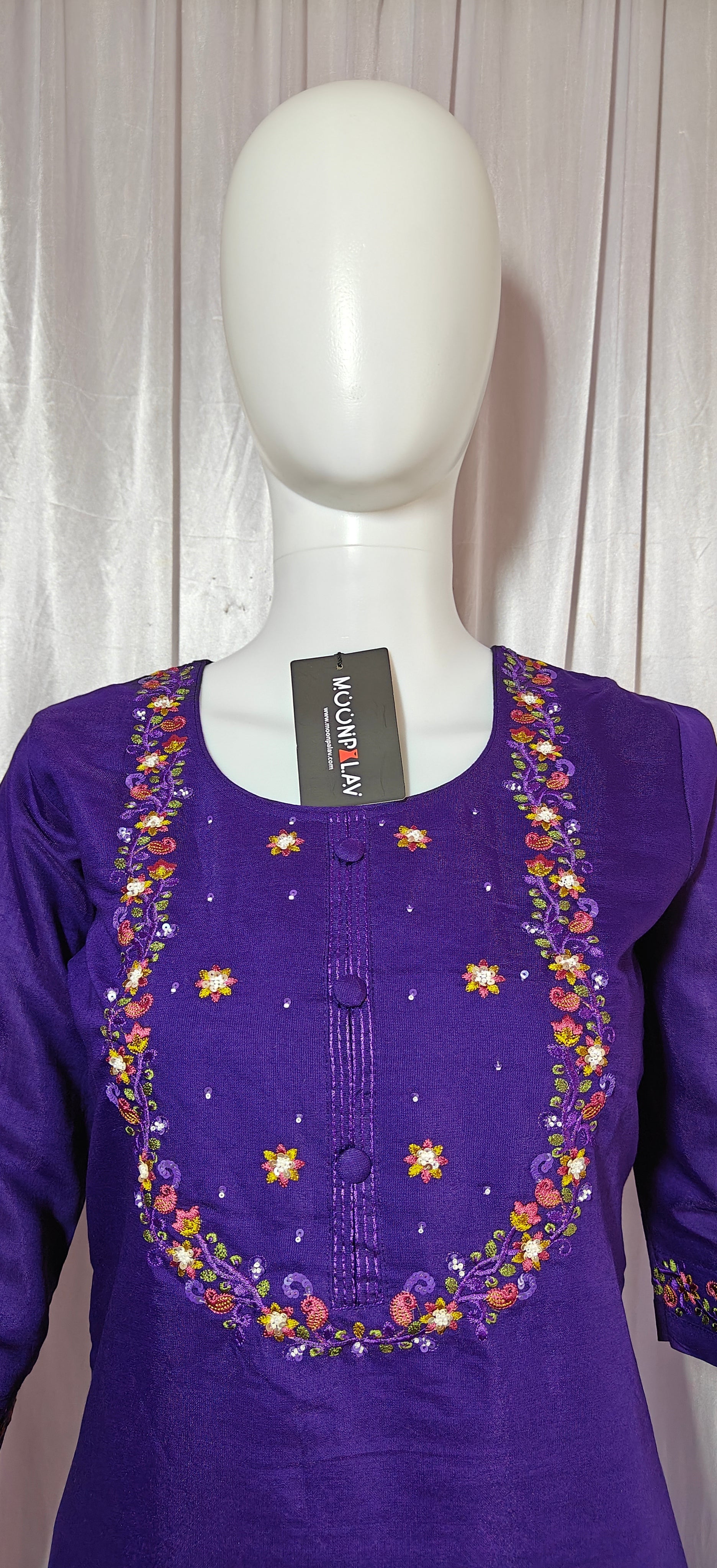 Moonpalav Deep Purple Marina Silk Embroidered Suit with Digital Print Dupatta