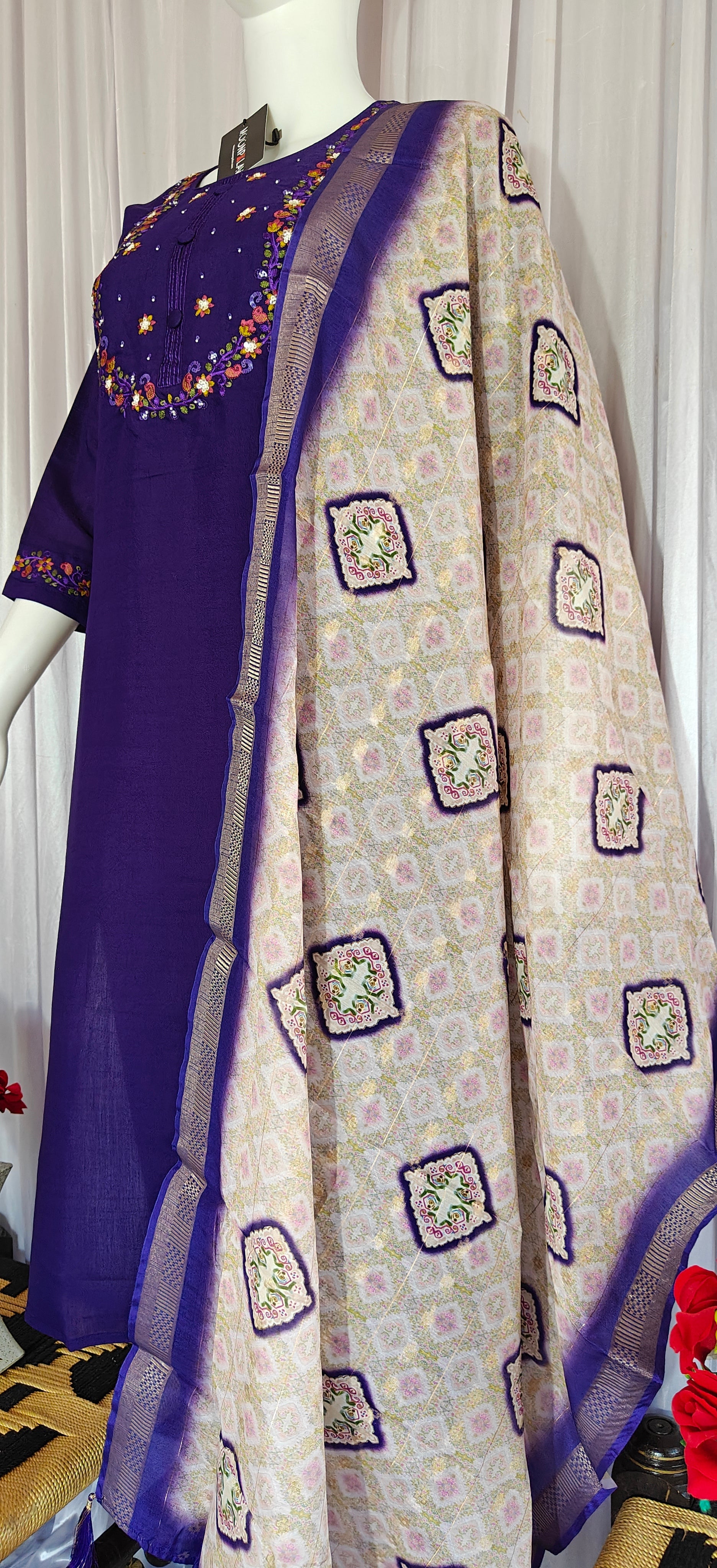 Moonpalav Deep Purple Marina Silk Embroidered Suit with Digital Print Dupatta