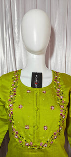 Moonpalav Olive Green Marina Silk Kurti Set with Digital Print Dupatta
