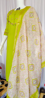 Moonpalav Olive Green Marina Silk Kurti Set with Digital Print Dupatta