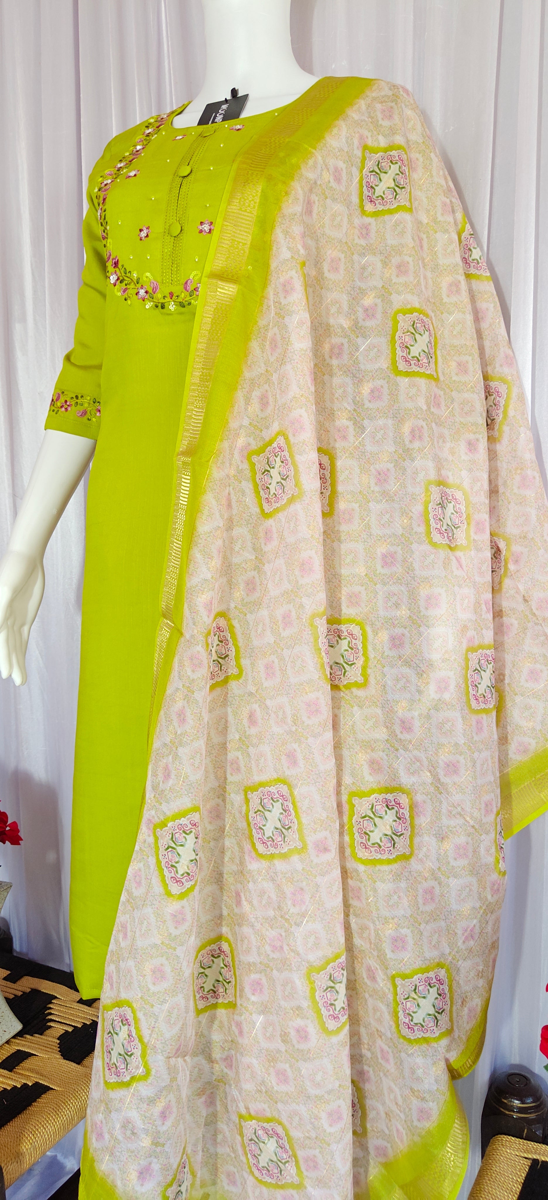Moonpalav Olive Green Marina Silk Kurti Set with Digital Print Dupatta