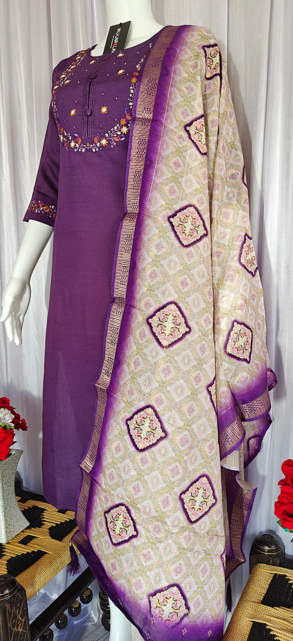 Moonpalav Royal Wine Marina Silk Embroidered Suit with Digital Print Dupatta