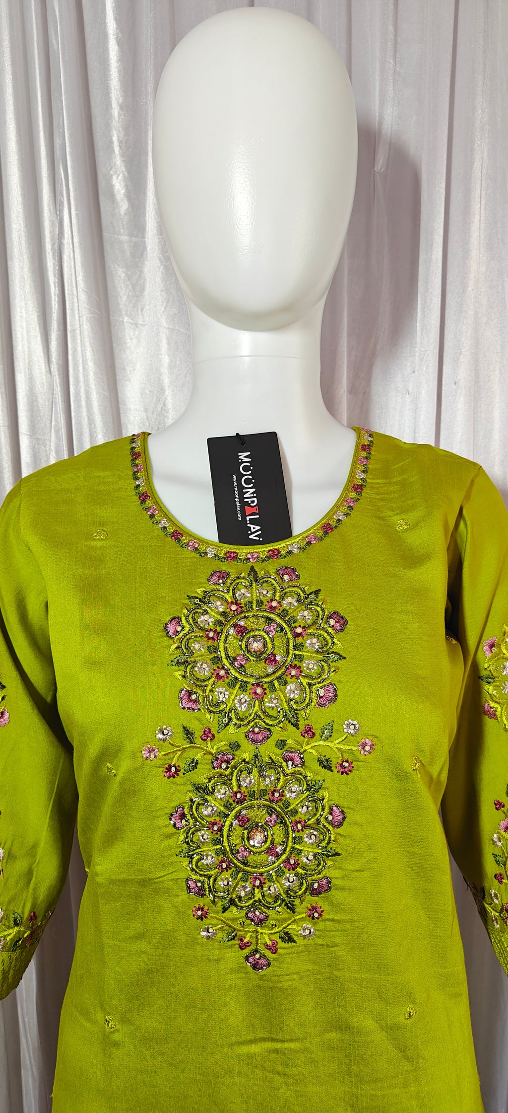 Moonpalav Lime Green Viscose Silk Luxury Suit with Digital Print Dupatta