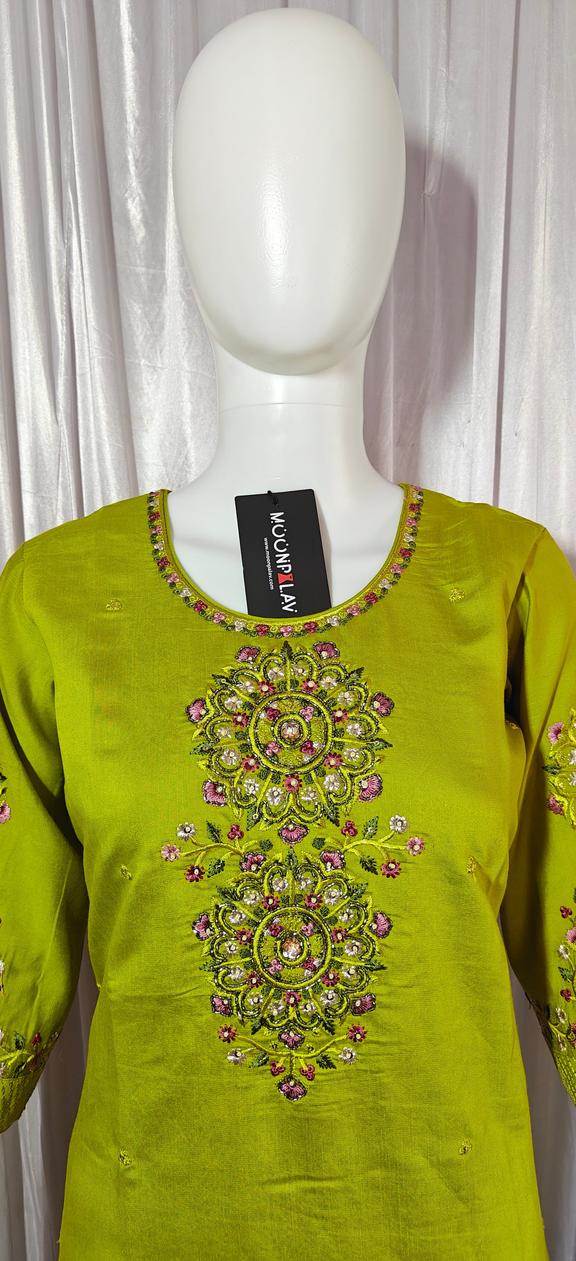 Moonpalav Lime Green Viscose Silk Luxury Suit with Digital Print Dupatta