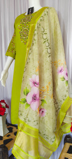 Moonpalav Lime Green Viscose Silk Luxury Suit with Digital Print Dupatta