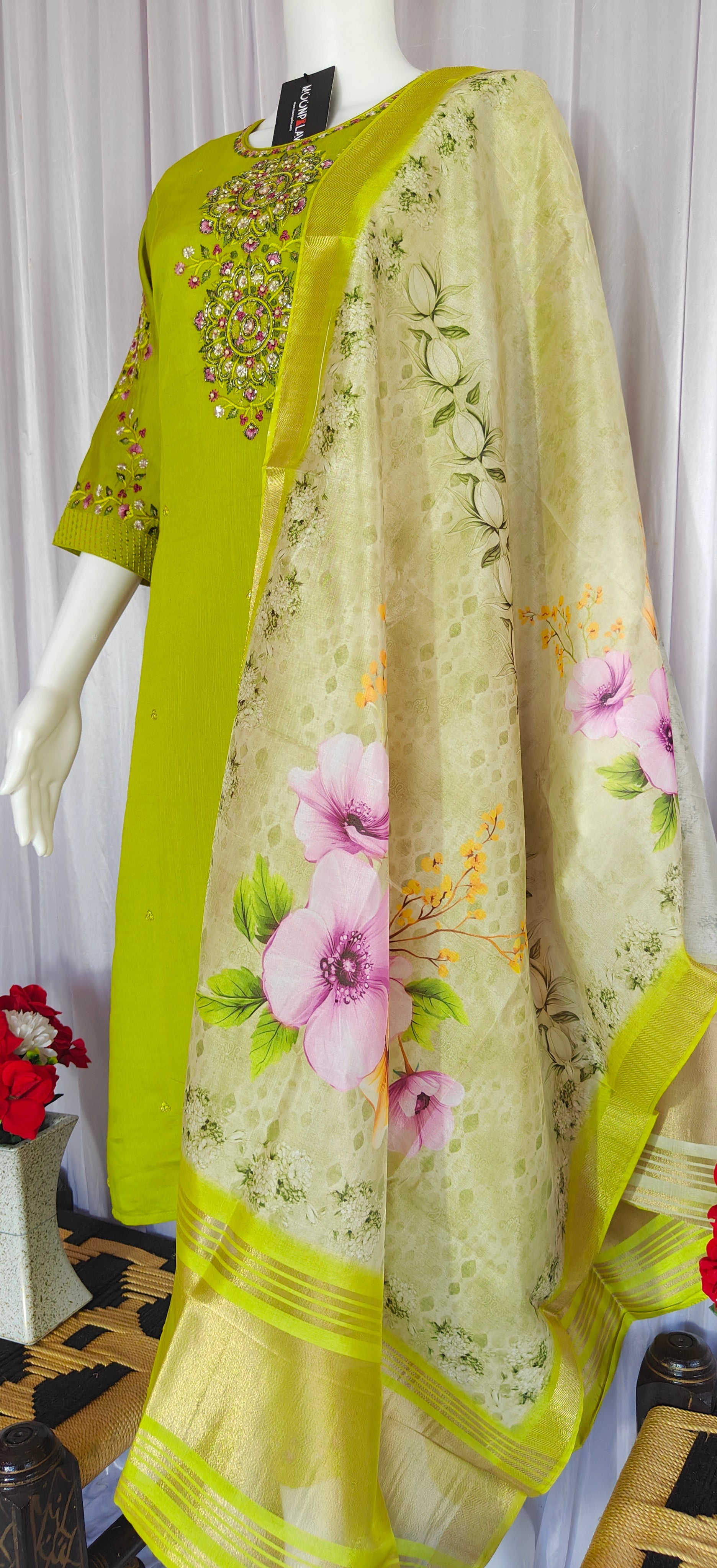 Moonpalav Lime Green Viscose Silk Luxury Suit with Digital Print Dupatta
