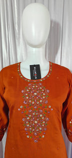 Moonpalav Rust Orange Viscose Silk Festive Suit with Digital Print Dupatta