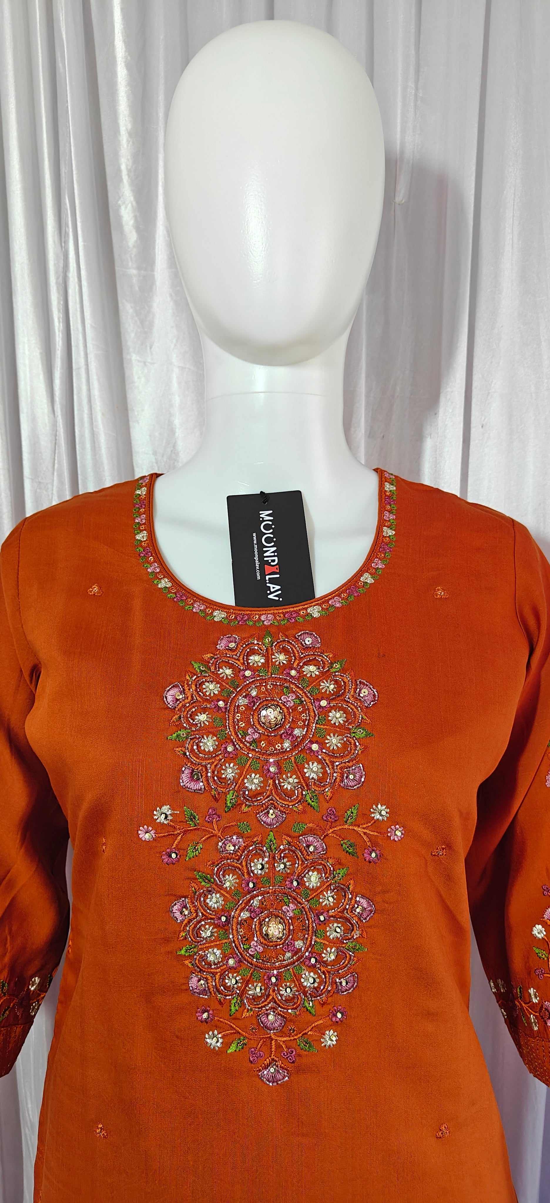 Moonpalav Rust Orange Viscose Silk Festive Suit with Digital Print Dupatta