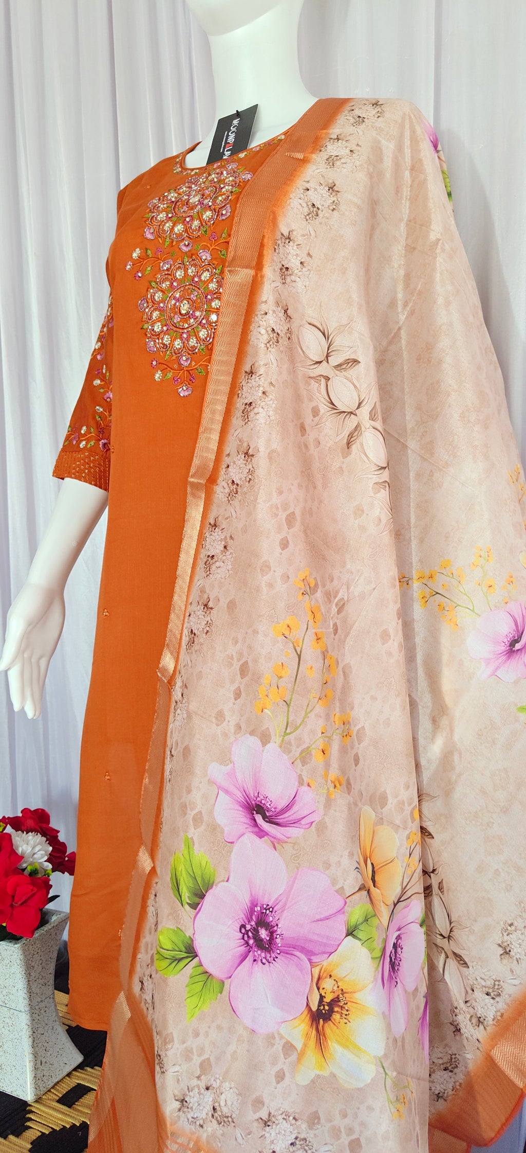 Moonpalav Rust Orange Viscose Silk Festive Suit with Digital Print Dupatta