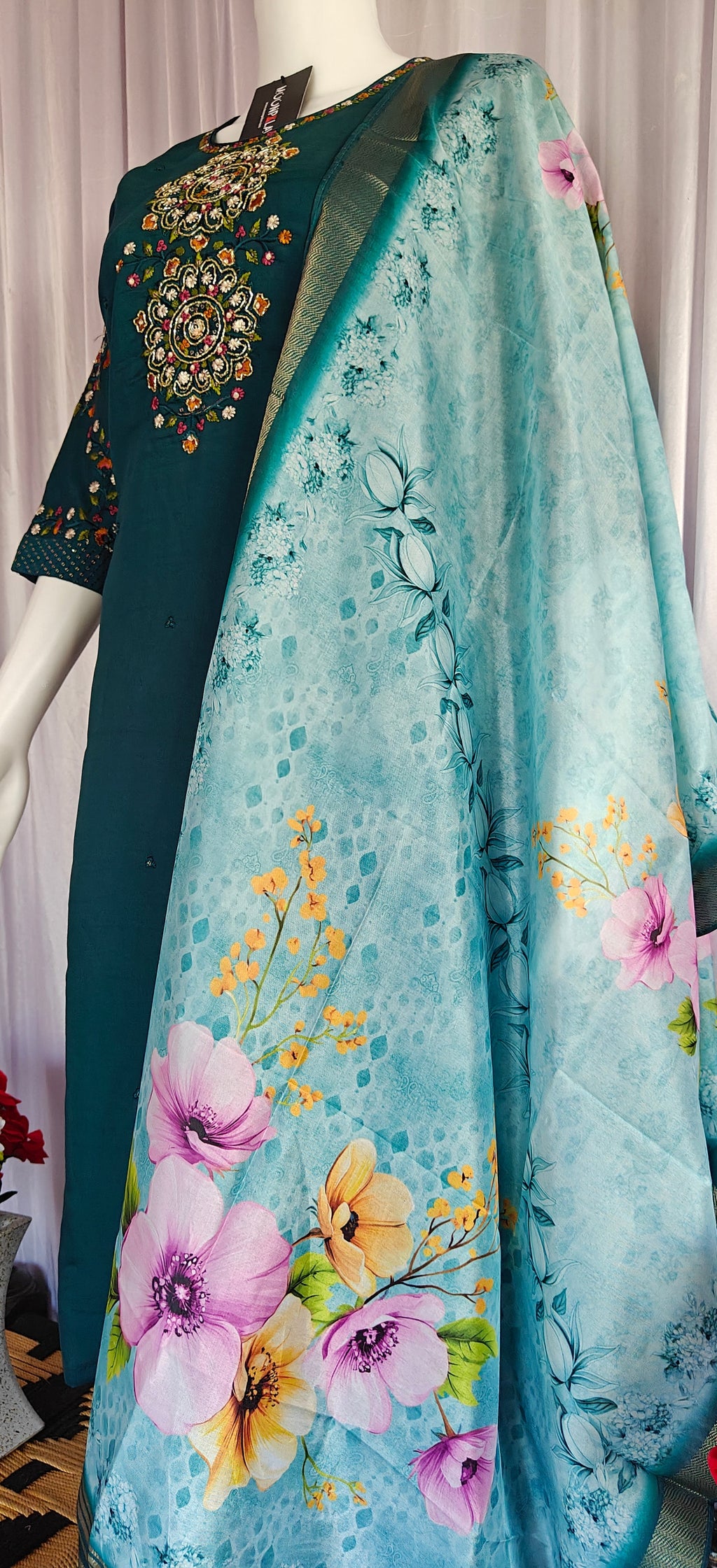 Moonpalav Bottle Green Viscose Silk Suit with Digital Print Chanderi Dupatta