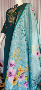 Moonpalav Bottle Green Viscose Silk Suit with Digital Print Chanderi Dupatta