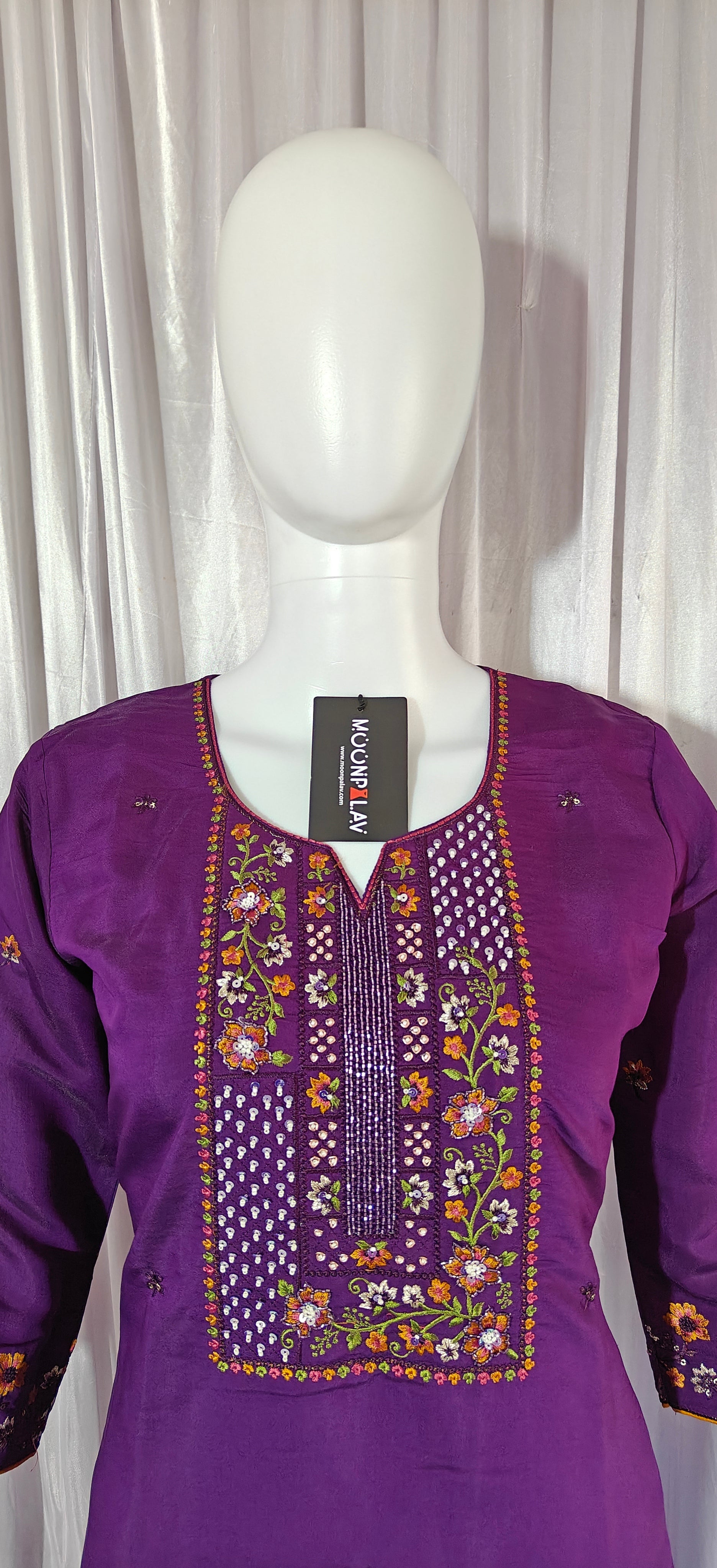 Moonpalav Royal Plum Roman Silk Designer Suit with Scalloped Dupatta