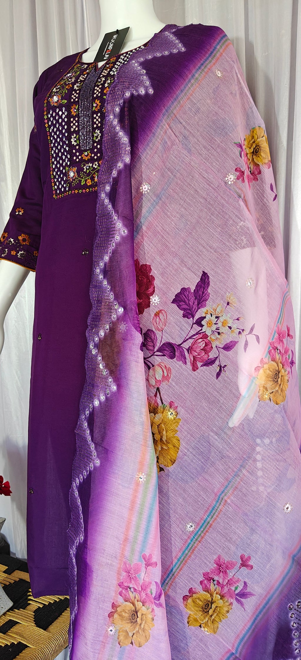 Moonpalav Royal Plum Roman Silk Designer Suit with Scalloped Dupatta