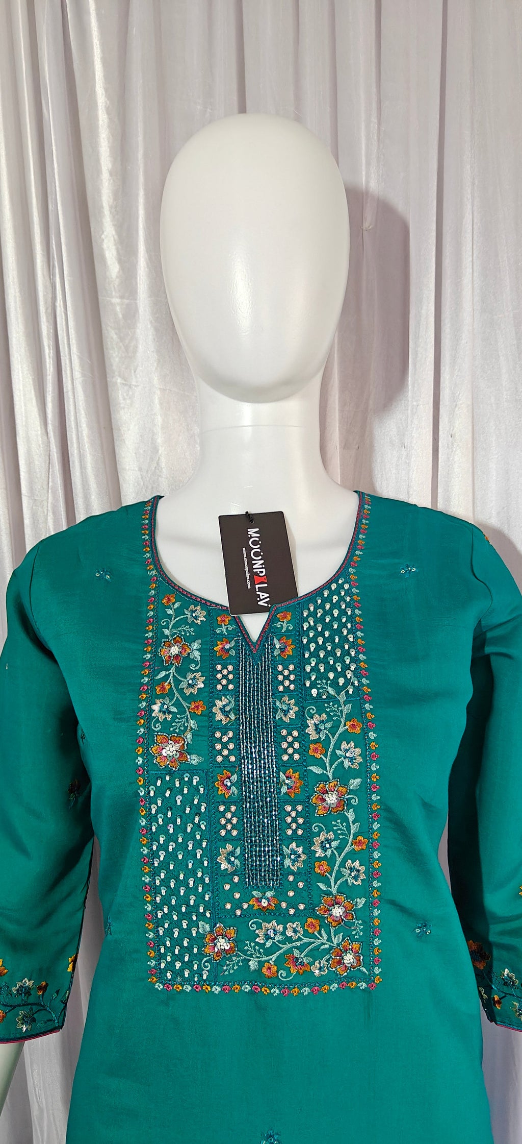 Moonpalav Emerald Teal Roman Silk Suit with Scalloped Chanderi Dupatta