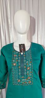 Moonpalav Emerald Teal Roman Silk Suit with Scalloped Chanderi Dupatta
