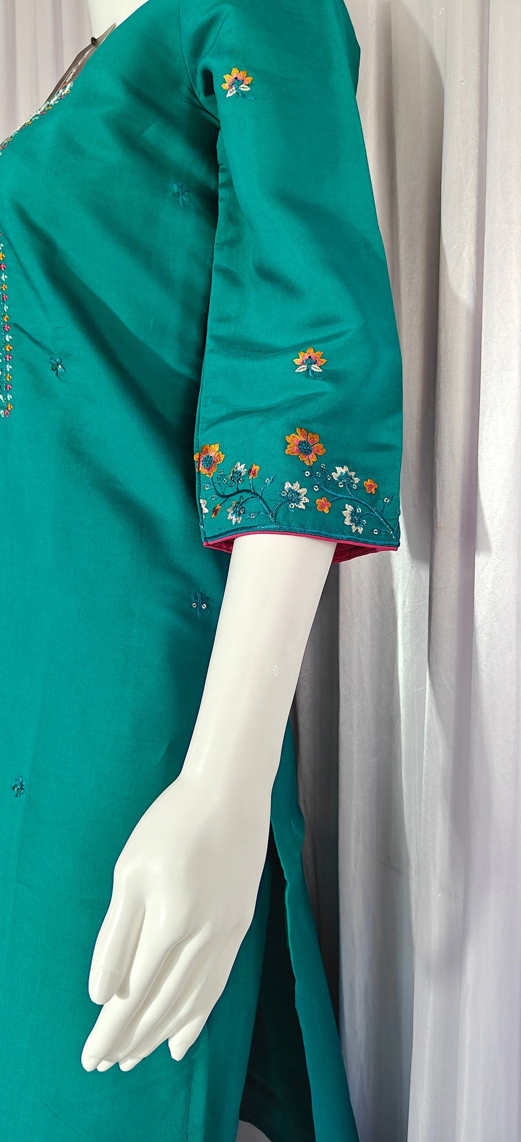 Moonpalav Emerald Teal Roman Silk Suit with Scalloped Chanderi Dupatta