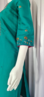 Moonpalav Emerald Teal Roman Silk Suit with Scalloped Chanderi Dupatta