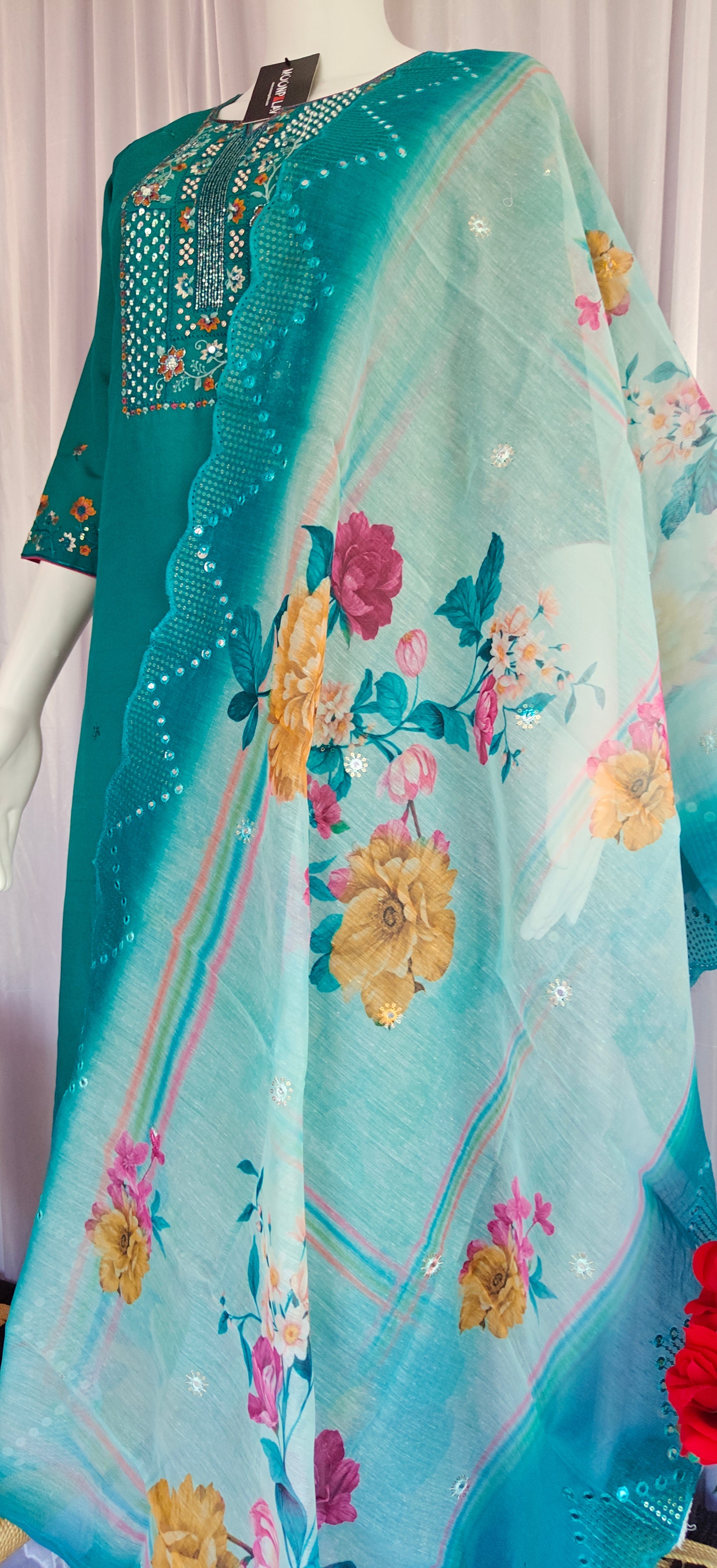 Moonpalav Emerald Teal Roman Silk Suit with Scalloped Chanderi Dupatta