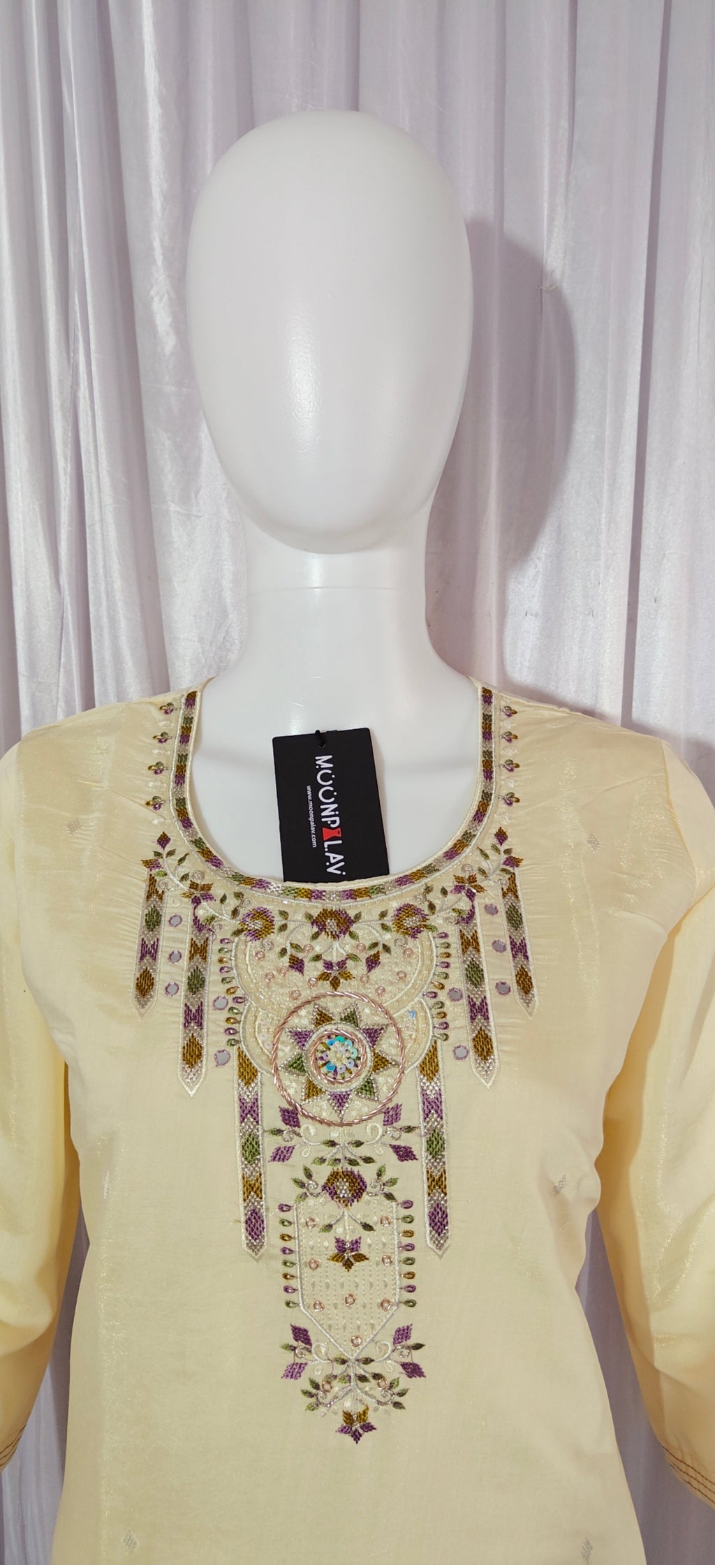 Moonpalav Pearl Cream Shimmer Gold Silk Embroidered Suit with Muslin Dupatta