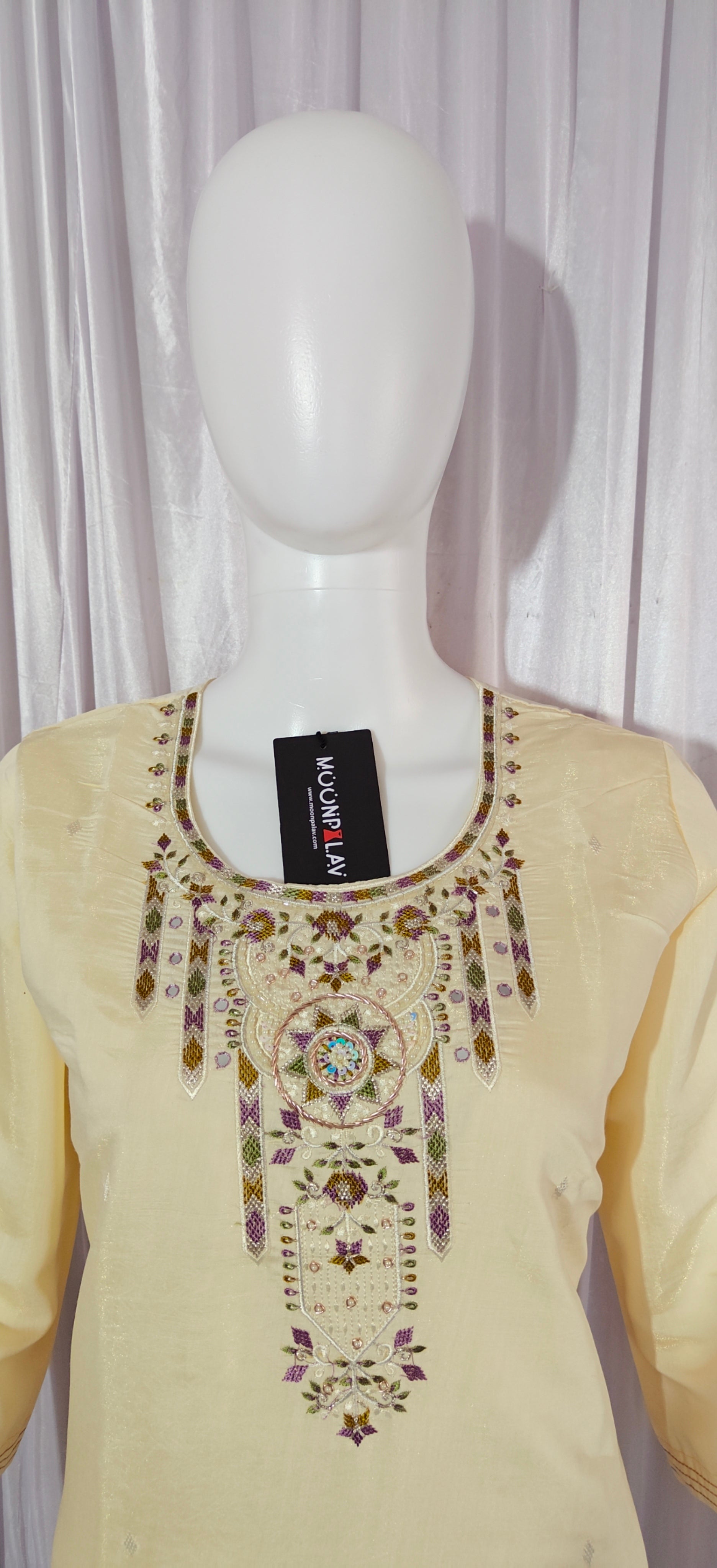 Moonpalav Pearl Cream Shimmer Gold Silk Embroidered Suit with Muslin Dupatta