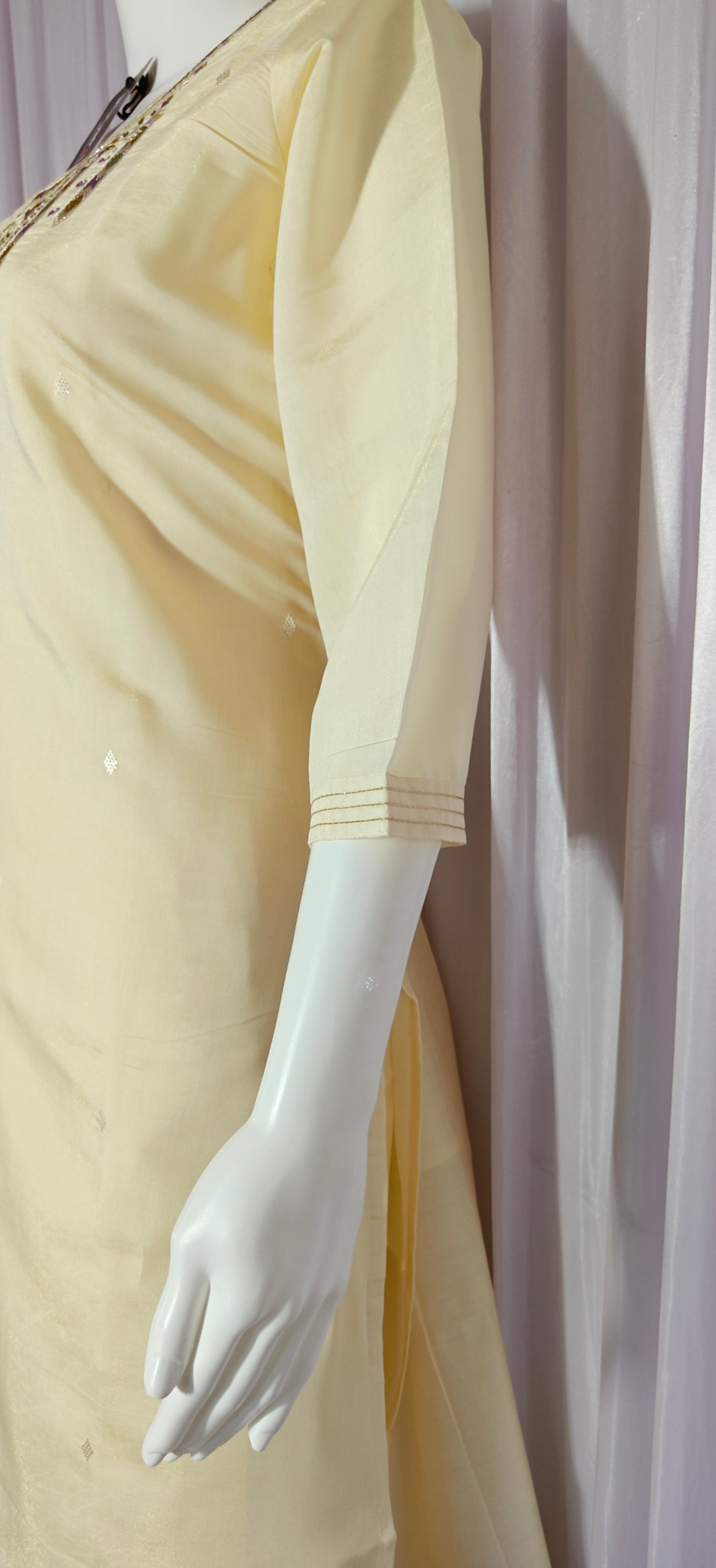 Moonpalav Pearl Cream Shimmer Gold Silk Embroidered Suit with Muslin Dupatta