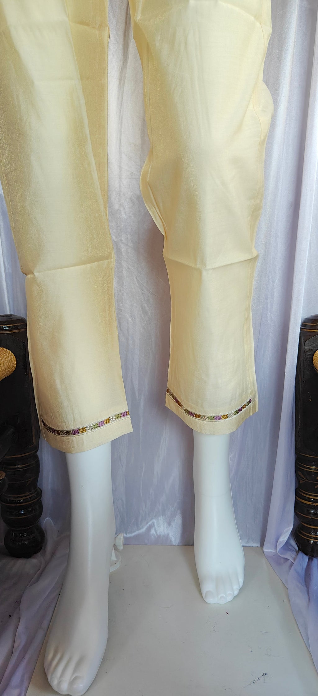 Moonpalav Pearl Cream Shimmer Gold Silk Embroidered Suit with Muslin Dupatta