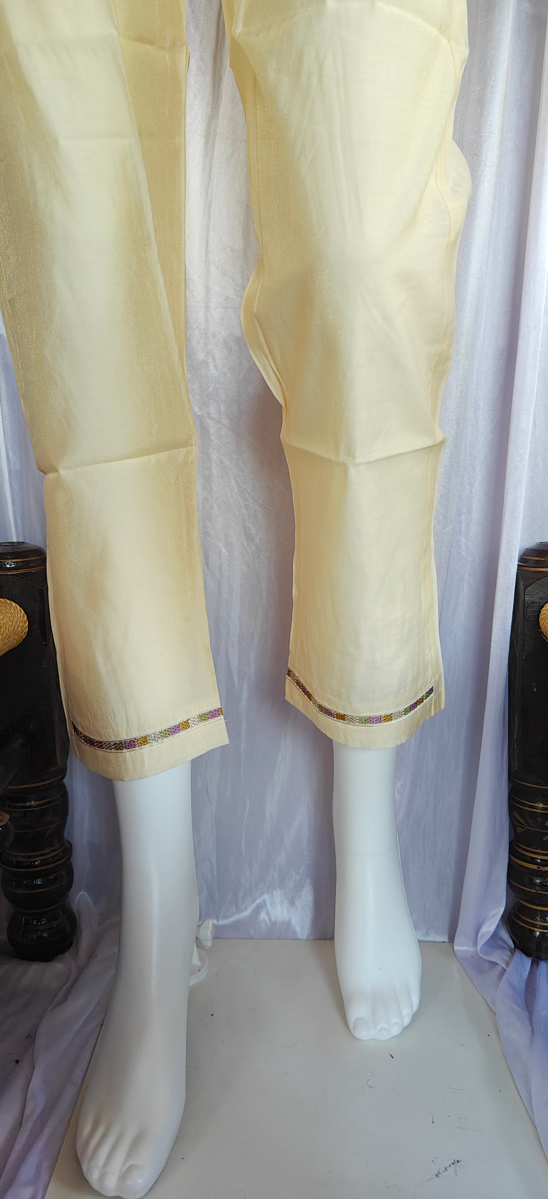 Moonpalav Pearl Cream Shimmer Gold Silk Embroidered Suit with Muslin Dupatta