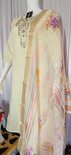 Moonpalav Pearl Cream Shimmer Gold Silk Embroidered Suit with Muslin Dupatta