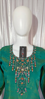 Moonpalav Emerald Teal Shimmer Gold Silk Hand-Embroidered Suit with Dupatta