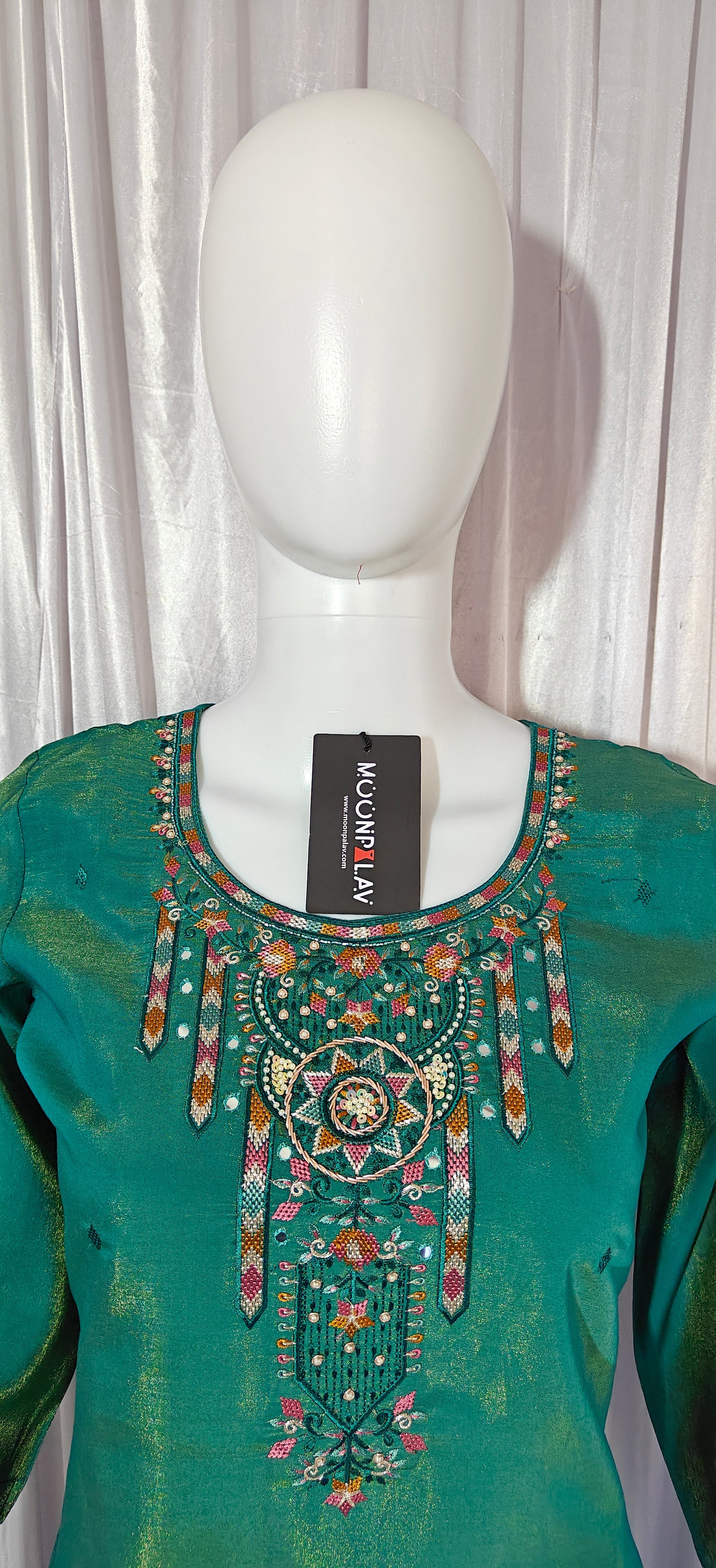 Moonpalav Emerald Teal Shimmer Gold Silk Hand-Embroidered Suit with Dupatta