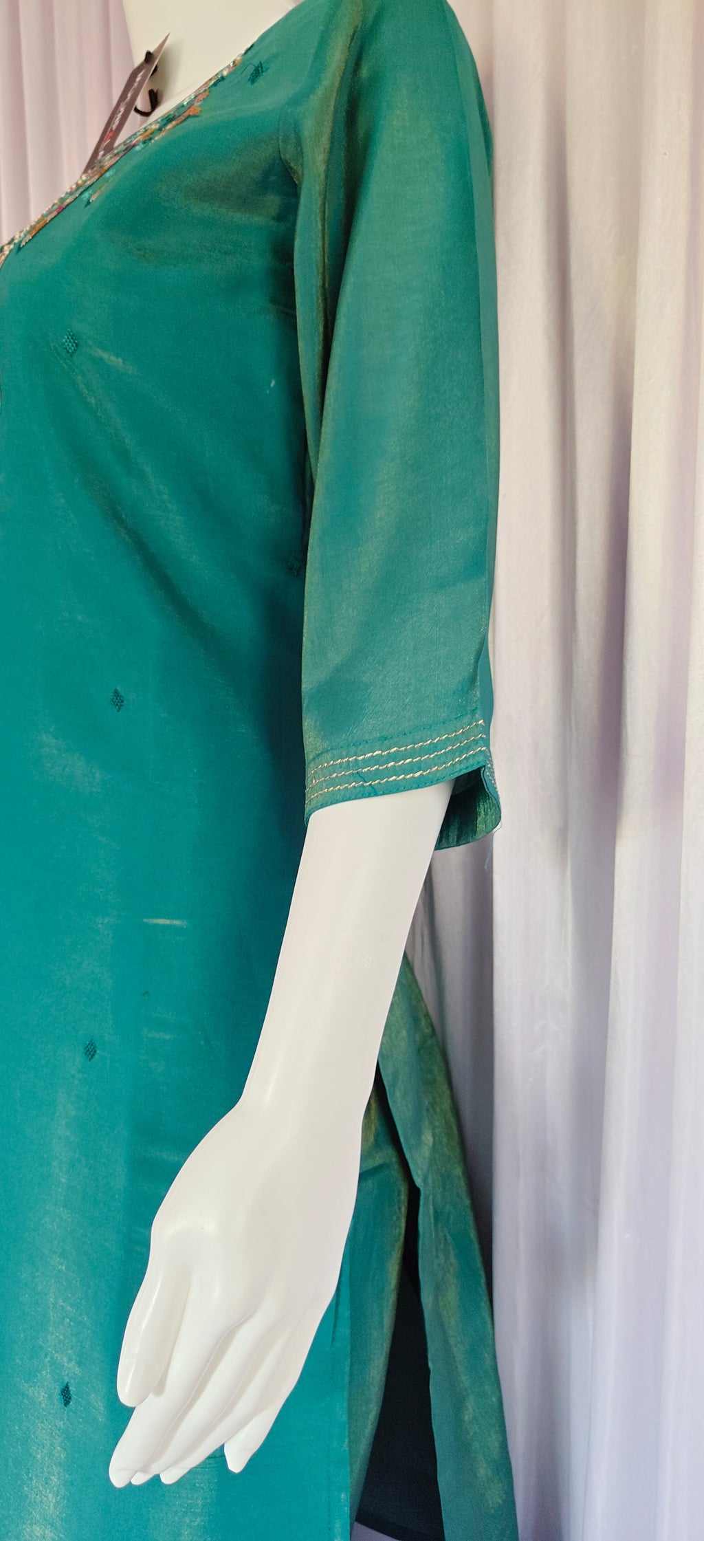Moonpalav Emerald Teal Shimmer Gold Silk Hand-Embroidered Suit with Dupatta