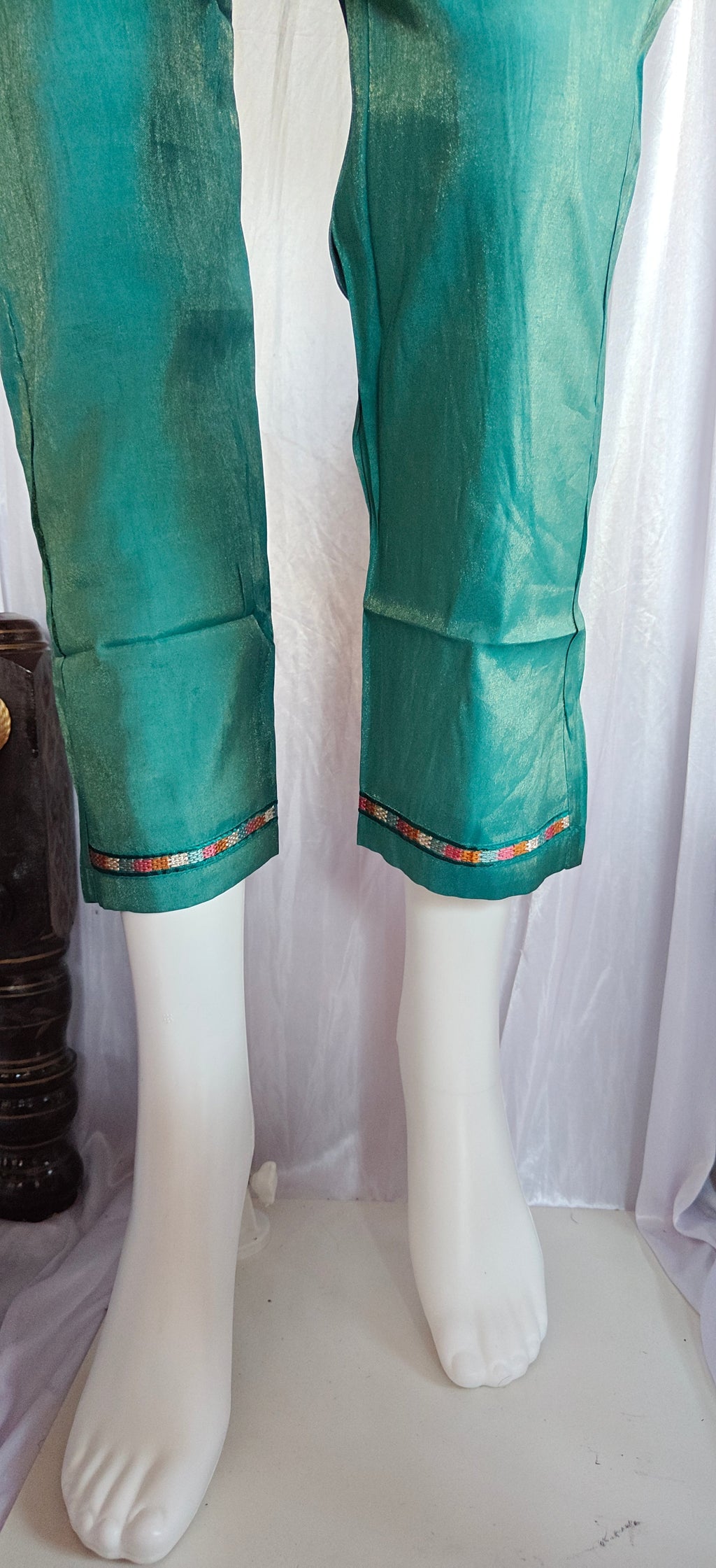 Moonpalav Emerald Teal Shimmer Gold Silk Hand-Embroidered Suit with Dupatta