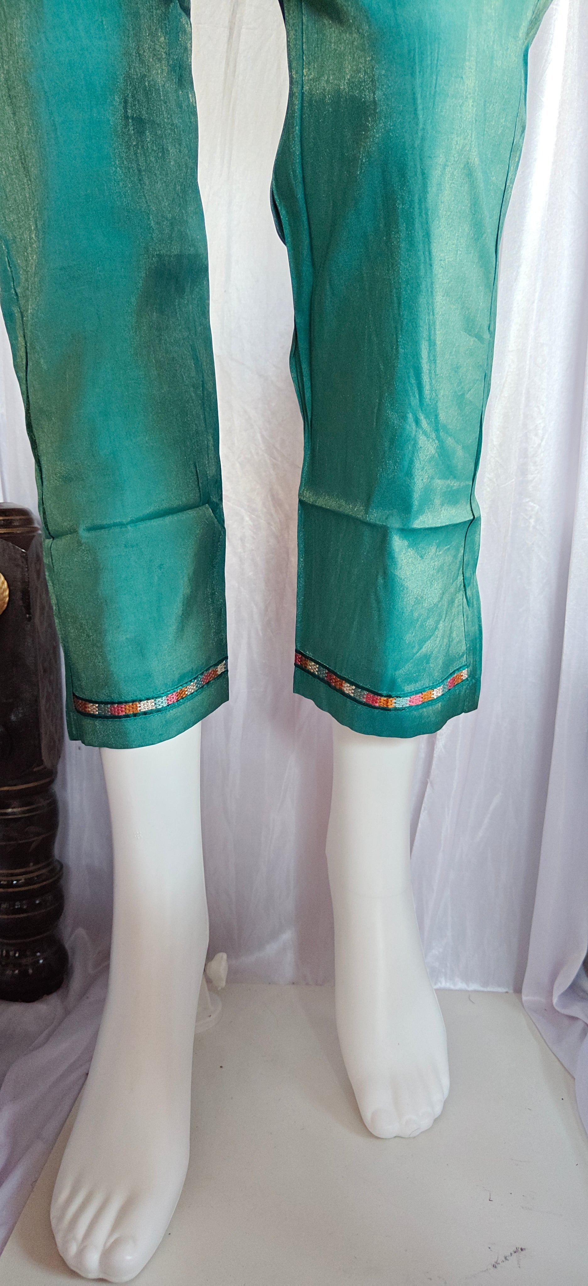 Moonpalav Emerald Teal Shimmer Gold Silk Hand-Embroidered Suit with Dupatta