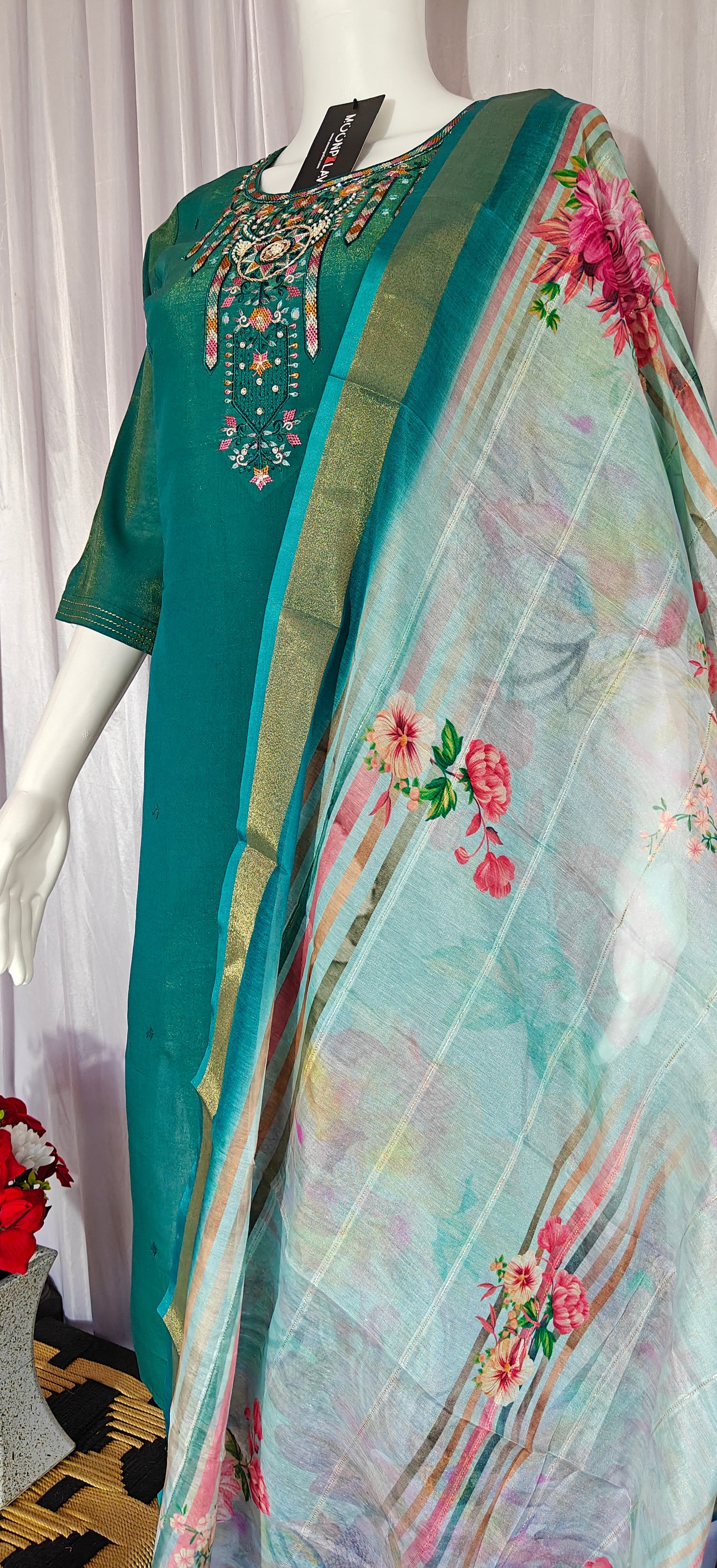 Moonpalav Emerald Teal Shimmer Gold Silk Hand-Embroidered Suit with Dupatta
