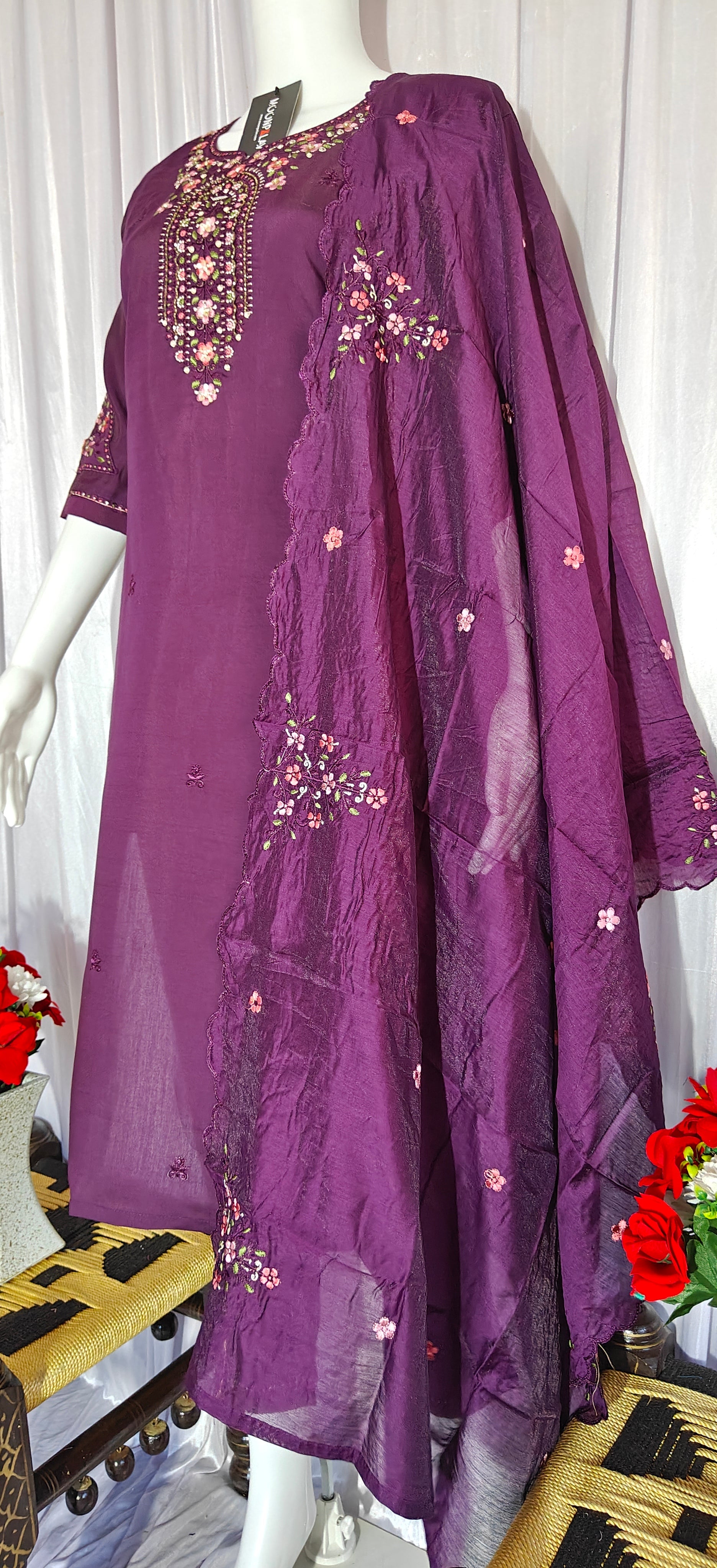 Moonpalav Royal Wine Roman Silk Multi-Thread Embroidery Suit Set with Dupatta