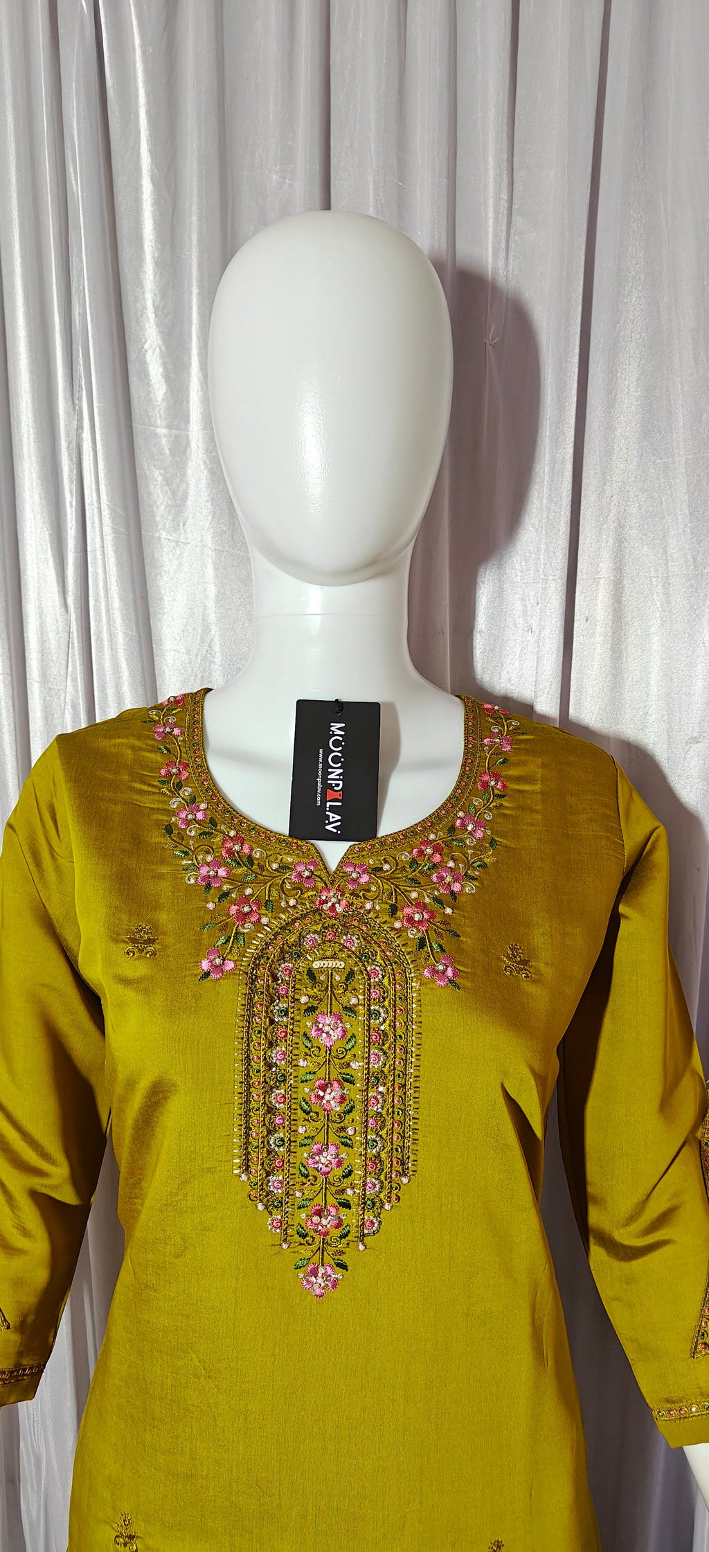 Moonpalav Mustard Yellow Roman Silk Hand-Embroidered Suit with Dupatta