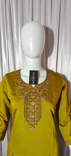 Moonpalav Mustard Yellow Roman Silk Hand-Embroidered Suit with Dupatta