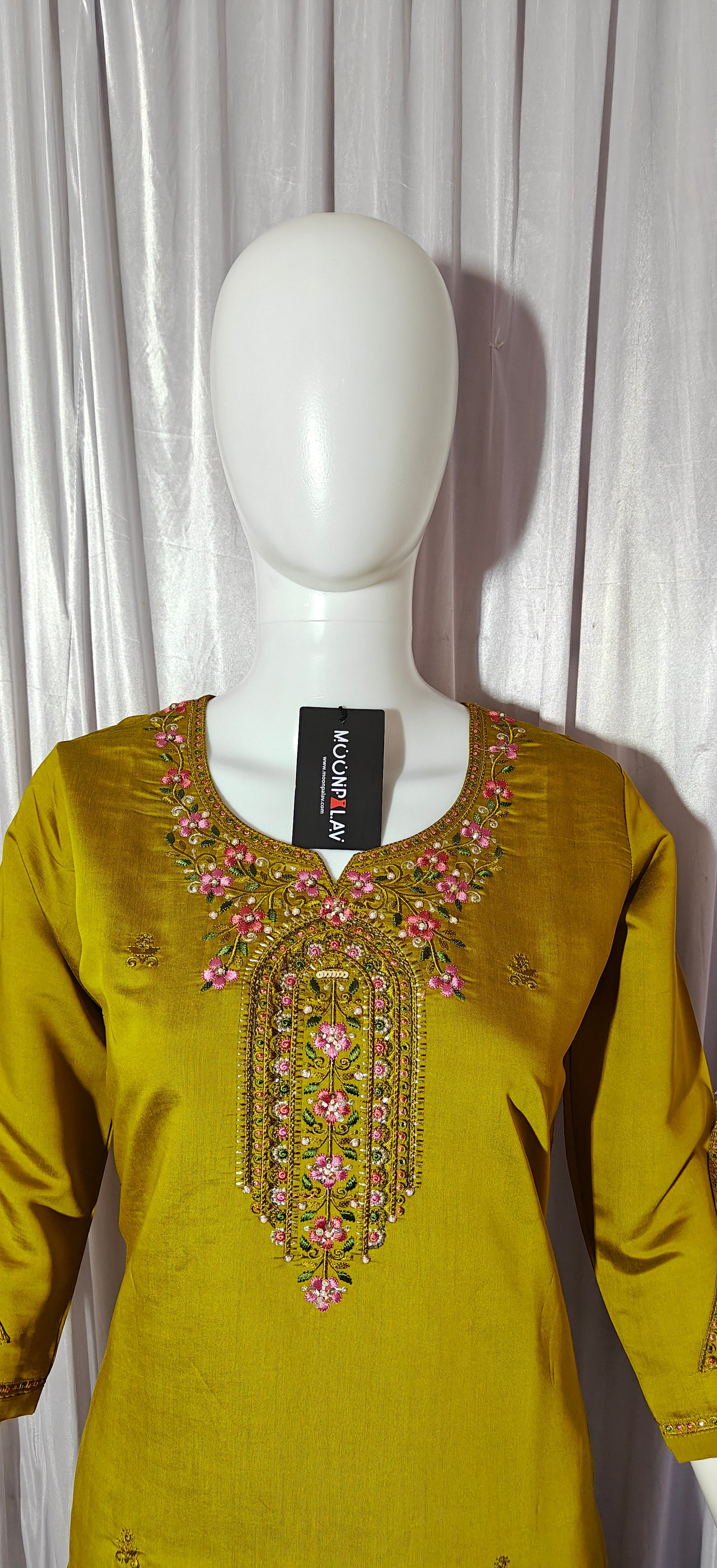Moonpalav Mustard Yellow Roman Silk Hand-Embroidered Suit with Dupatta