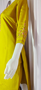 Moonpalav Mustard Yellow Roman Silk Hand-Embroidered Suit with Dupatta