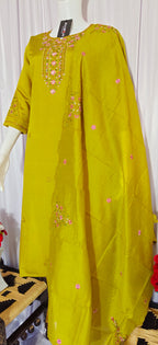 Moonpalav Mustard Yellow Roman Silk Hand-Embroidered Suit with Dupatta