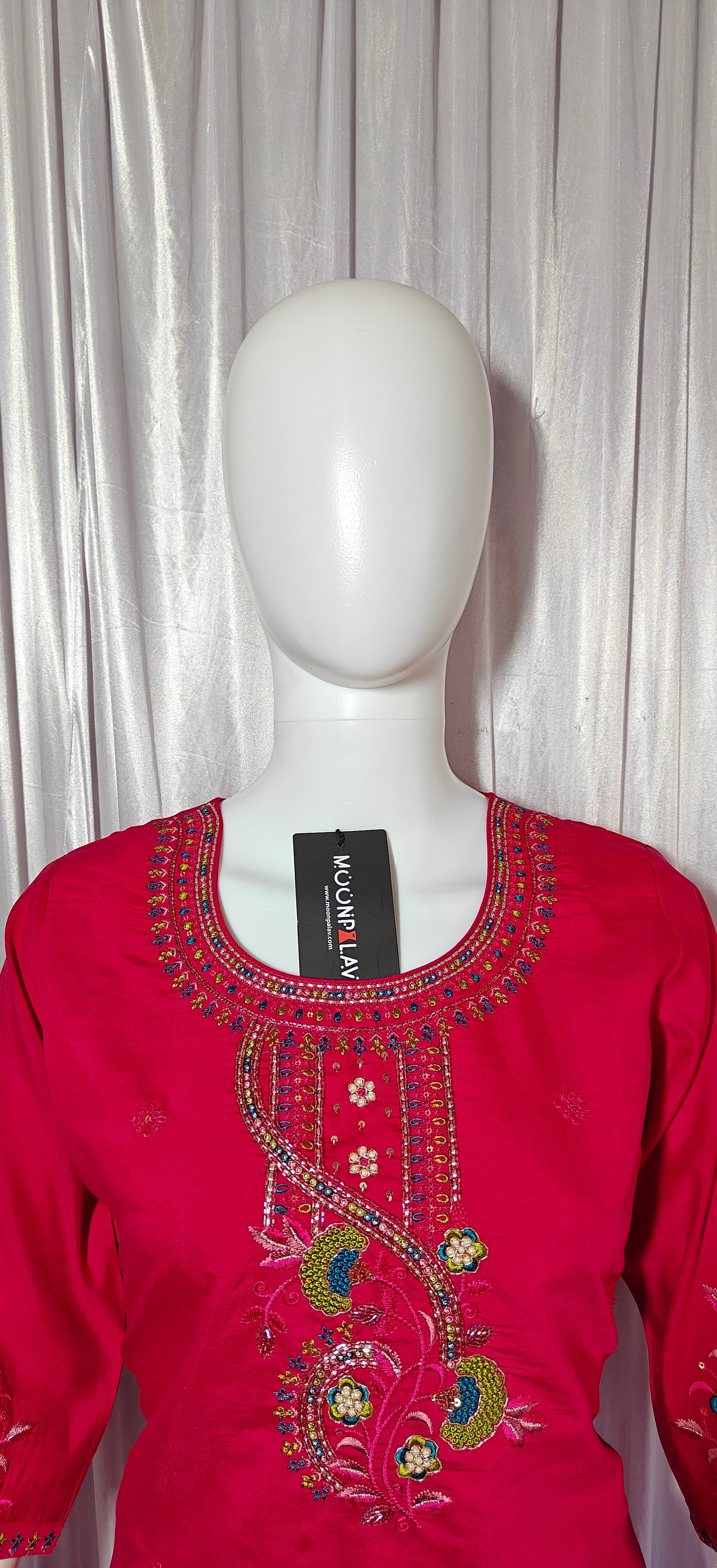 Moonpalav Rani Pink Roman Silk Embroidered Kurta Set with Dupatta