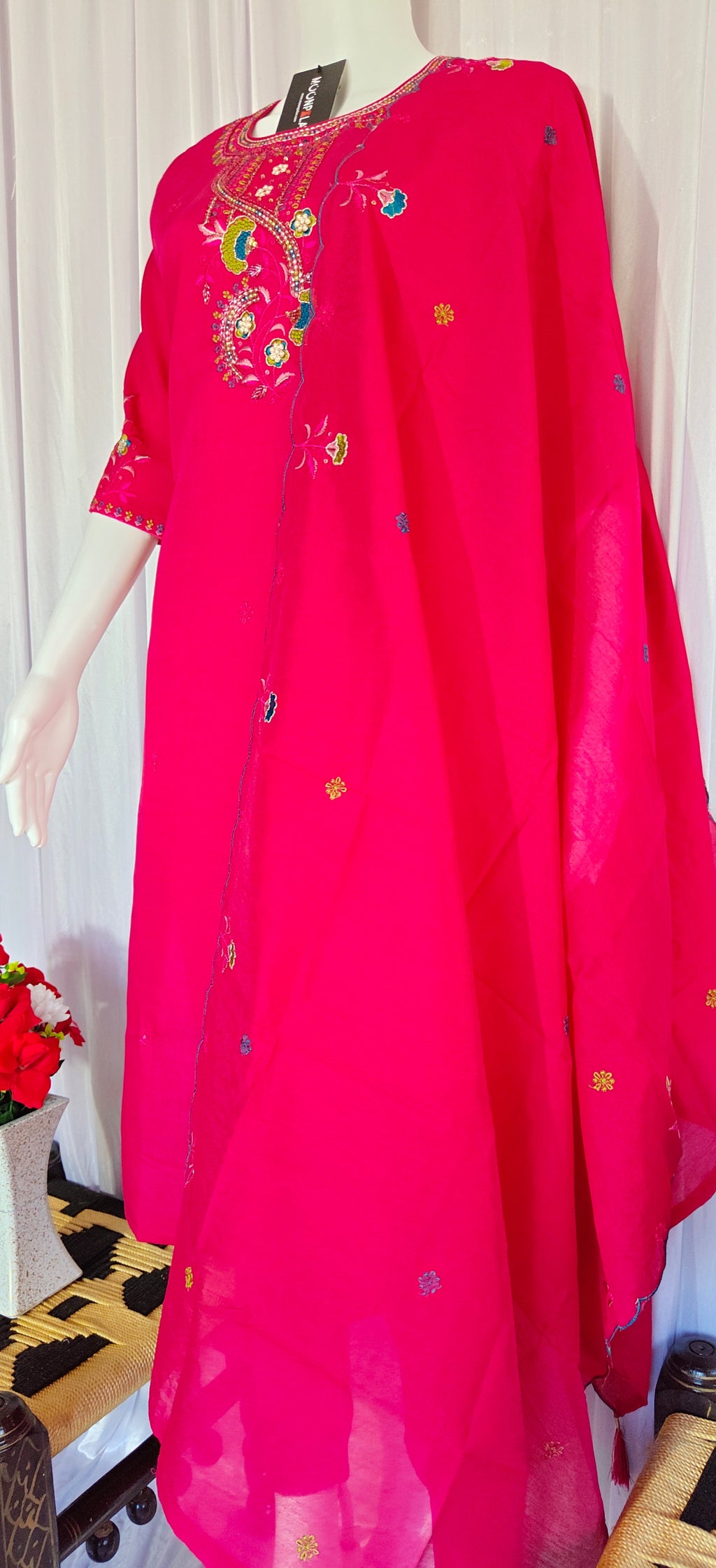 Moonpalav Rani Pink Roman Silk Embroidered Kurta Set with Dupatta