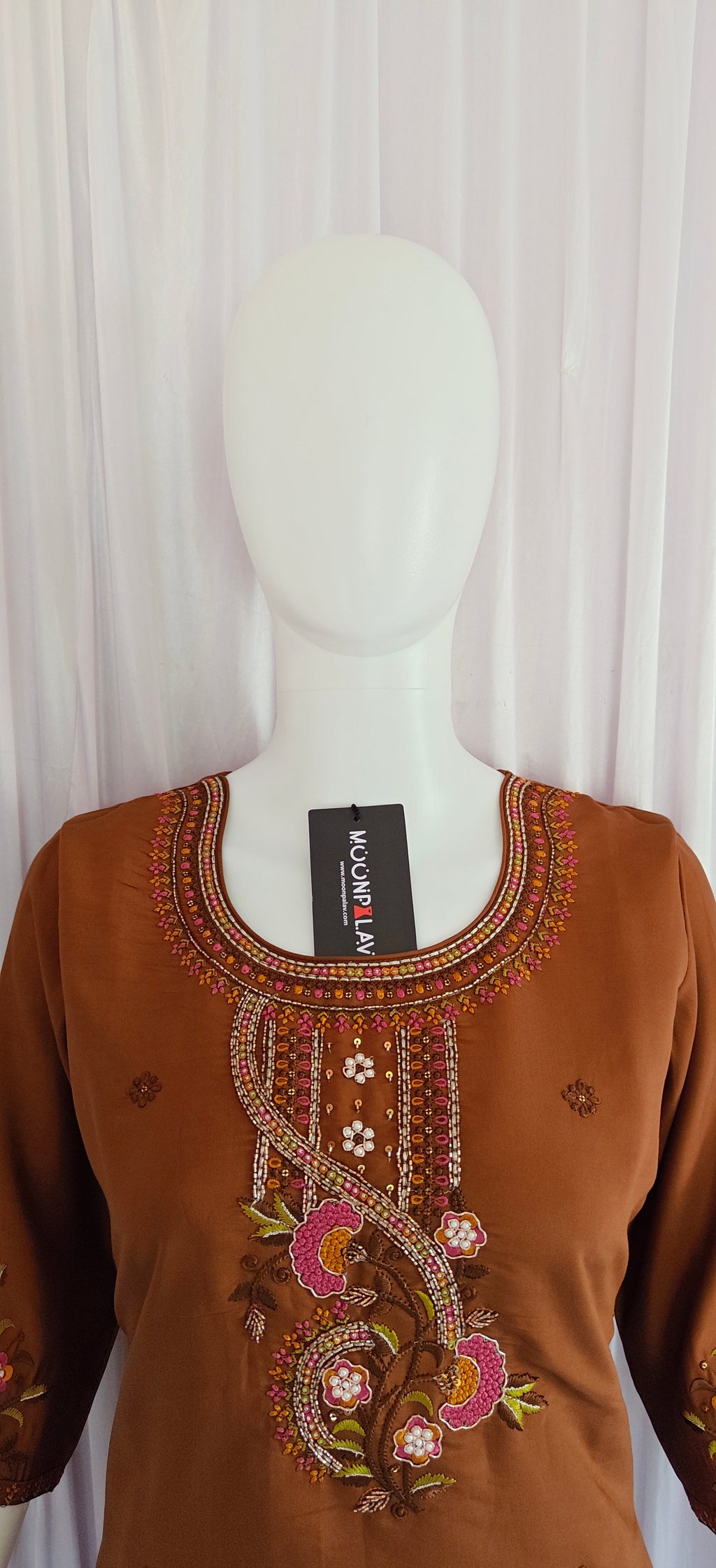 Moonpalav Rich Coffee Roman Silk Handwork Kurta Set with Dupatta
