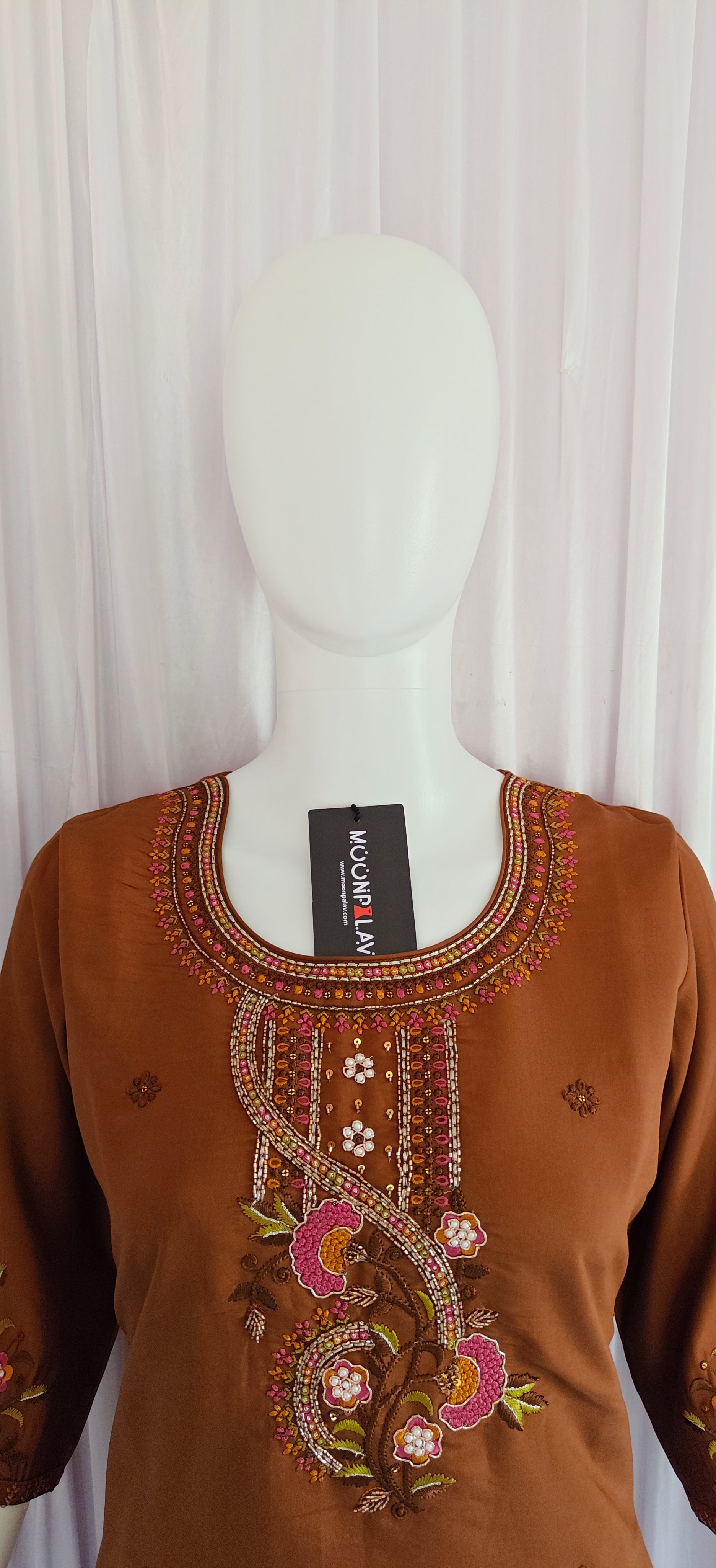 Moonpalav Rich Coffee Roman Silk Handwork Kurta Set with Dupatta