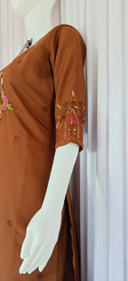 Moonpalav Rich Coffee Roman Silk Handwork Kurta Set with Dupatta