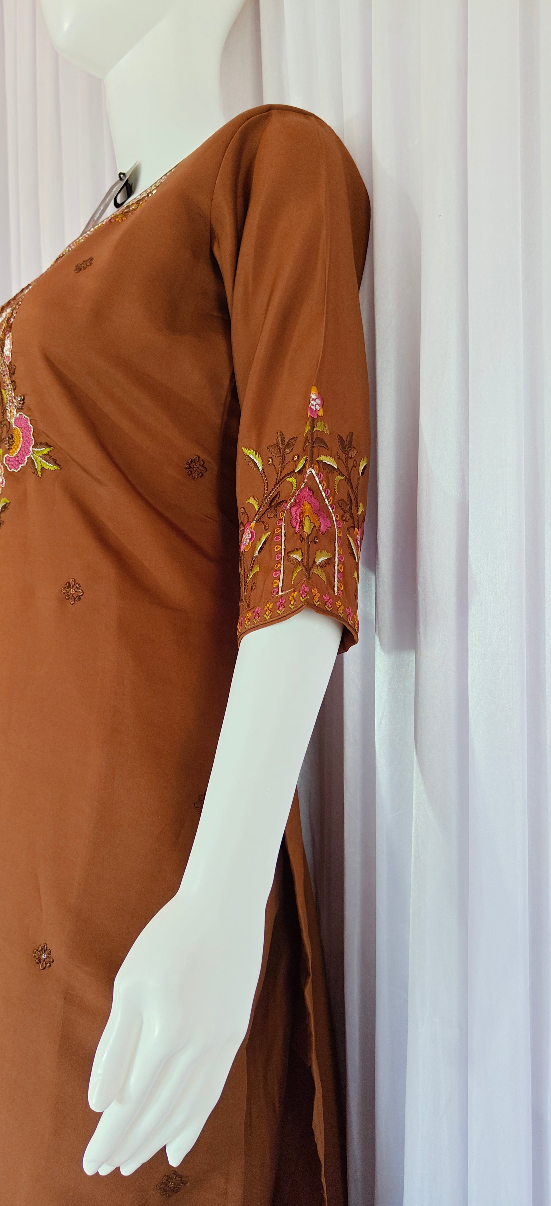 Moonpalav Rich Coffee Roman Silk Handwork Kurta Set with Dupatta