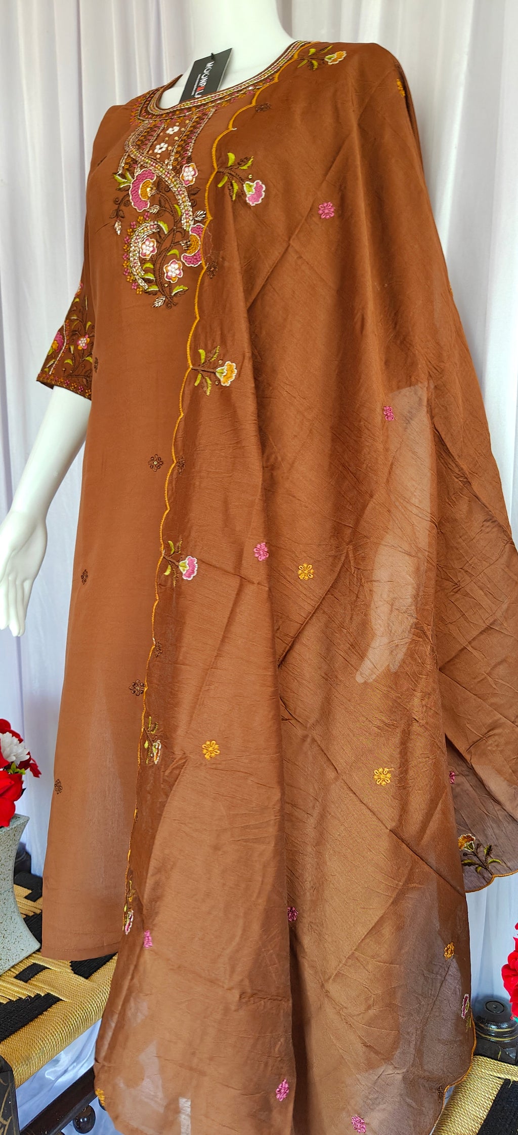 Moonpalav Rich Coffee Roman Silk Handwork Kurta Set with Dupatta